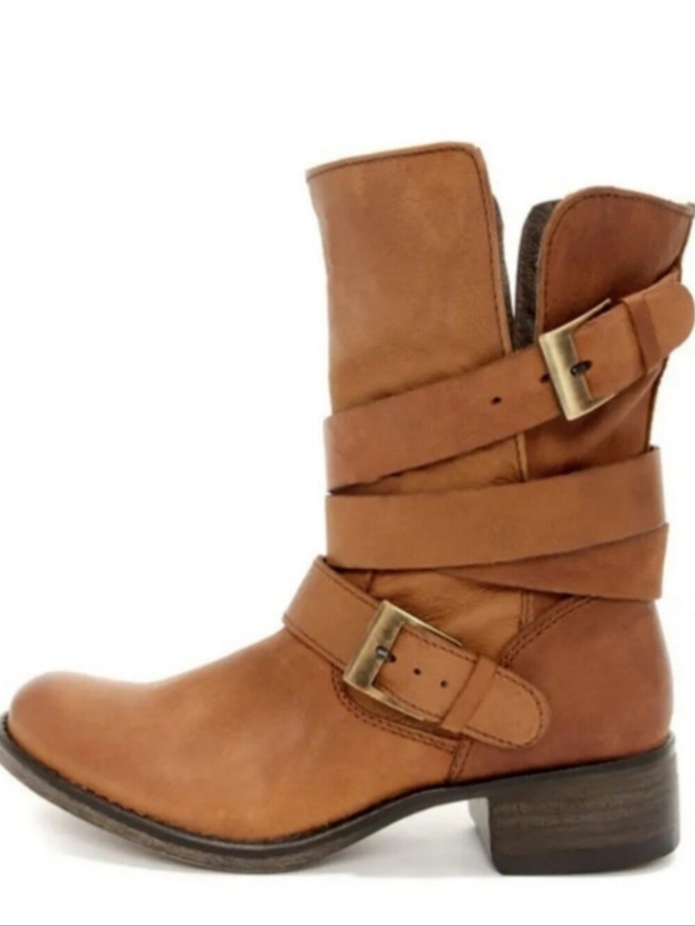 NWT Steve Madden Brewzzer Cognac Leather Belted Mid Calf Moto Boot Size 7.5